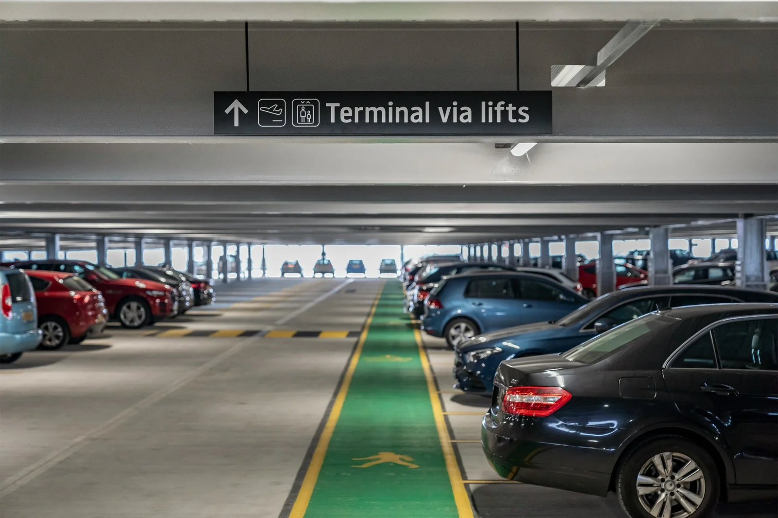 Multi-storey airport parking and wayfinding signs at Gatwick Airport